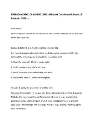 Preview of RN FUNDAMENTALS OF NURSING EXAM 200 Practice Questions with Answers