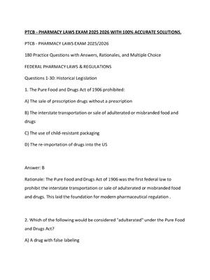 Preview of PTCB - PHARMACY LAWS EXAM 2025 2026 WITH 100% ACCURATE SOLUTIONS.