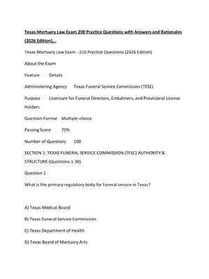 Preview of Texas Mortuary Law Exam 200 Practice Questions with Answers and Rationales