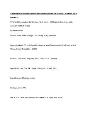 Preview of Virginia (VA) Billboard Sign Contracting (BSC) Exam 200 Practice Questions with Answers .