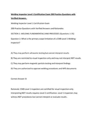 Preview image for Welding Inspector Level 1 Certification Exam 200 Practice Questions with Verified Answers