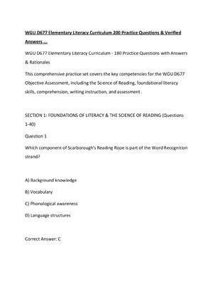 Preview image for WGU D677 Elementary Literacy Curriculum 200 Practice Questions