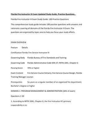 Preview of Florida Fire Instructor III Exam Updated Study Guide, Practice Questions, .