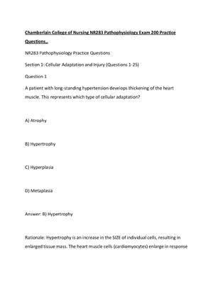 Preview of Chamberlain College of Nursing NR283 Pathophysiology Exam 200 Practice Questions