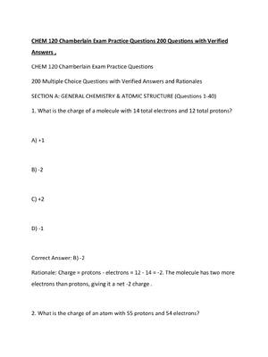 Preview of CHEM 120 Chamberlain Exam Practice Questions 200 Questions with Verified Answers