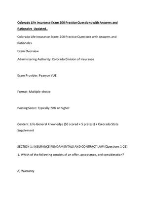 Preview image for Colorado Life Insurance Exam 200 Practice Questions with Answers and Rationales  Updated