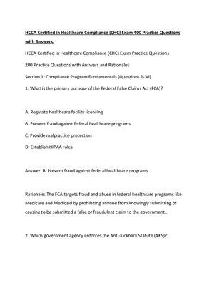 Preview image for HCCA Certified in Healthcare Compliance (CHC) Exam 400 Practice Questions with Answers.