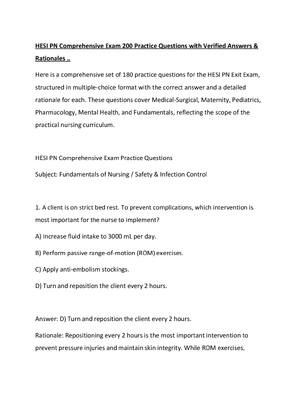 Preview of HESI PN Comprehensive Exam 200 Practice Questions with Verified Answers