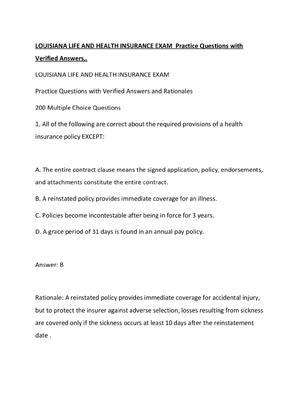 Preview of LOUISIANA LIFE AND HEALTH INSURANCE EXAM  Practice Questions with Verified Answers