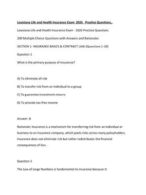 Preview of Louisiana Life and Health Insurance Exam  2026   Practice Questions,.