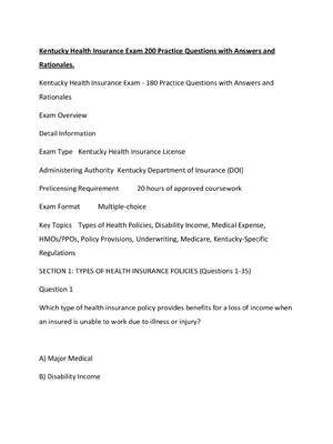 Preview of Kentucky Health Insurance Exam 200 Practice Questions with Answers and Rationales