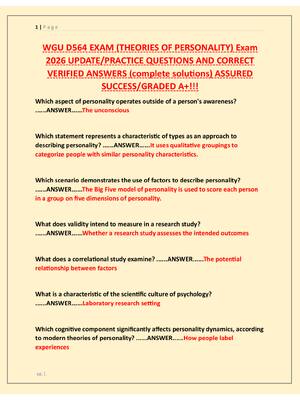 Preview of WGU D564 EXAM (THEORIES OF PERSONALITY) Exam  2026 UPDATE/PRACTICE QUESTIONS AND CORRECT