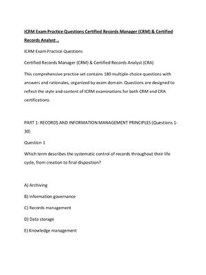 Preview of ICRM Exam Practice Questions Certified Records Manager (CRM) & Certified Records Analyst .