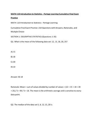 Preview of MATH 110 Introduction to Statistics - Portage Learning Cumulative Final Exam Practice