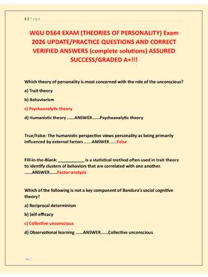 Preview of WGU D564 EXAM (THEORIES OF PERSONALITY) Exam  2026 UPDATE/PRACTICE QUESTIONS AND CORRECT