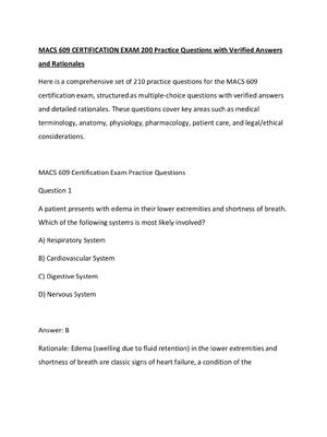Preview of MACS 609 CERTIFICATION EXAM 200 Practice Questions with Verified Answers and Rationales
