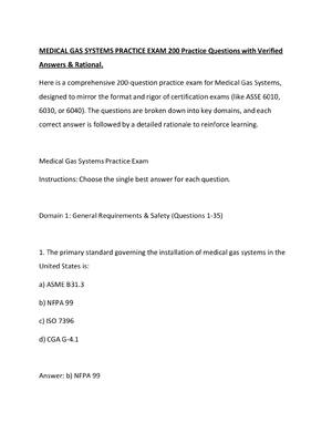 Preview of MEDICAL GAS SYSTEMS PRACTICE EXAM 200 Practice Questions with Verified Answers