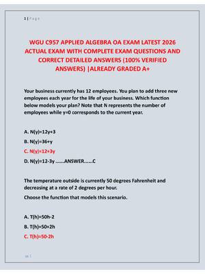 Preview of WGU C957 APPLIED ALGEBRA OA EXAM LATEST 2026  ACTUAL EXAM WITH COMPLETE EXAM QUESTIONS AND