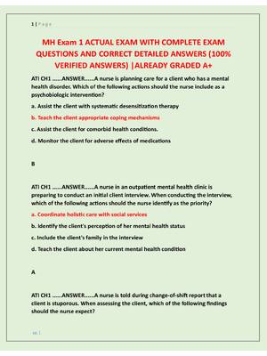 Preview of MH Exam 1 ACTUAL EXAM WITH COMPLETE EXAM  QUESTIONS AND CORRECT DETAILED ANSWERS (100%  VE