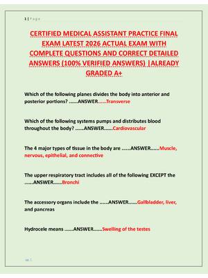 Preview image for CERTIFIED MEDICAL ASSISTANT PRACTICE FINAL  EXAM LATEST 2026 ACTUAL EXAM WITH  COMPLETE QUESTIONS AND CORRECT DETAILED  ANSWERS (100% VERIFIED ANSWERS) |ALREADY  GRADED A+
