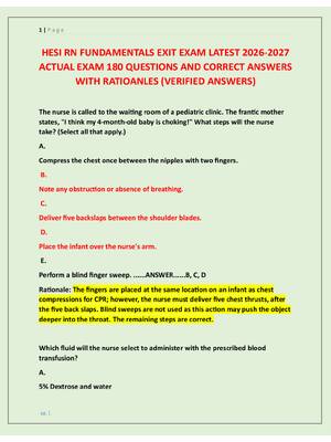 Preview of HESI RN FUNDAMENTALS EXIT EXAM LATEST 2026-2027  ACTUAL EXAM 180 QUESTIONS AND CORRECT ANS