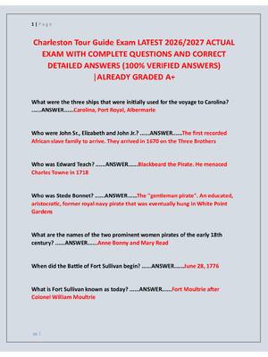 Preview of Charleston Tour Guide Exam LATEST 2026/2027 ACTUAL  EXAM WITH COMPLETE QUESTIONS AND CORRE