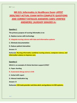 Preview of NR-515: Informatics in Healthcare Exam LATEST  2026/2027 ACTUAL EXAM WITH COMPLETE QUESTIO