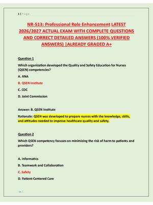 Preview of NR-513: Professional Role Enhancement LATEST  2026/2027 ACTUAL EXAM WITH COMPLETE QUESTION