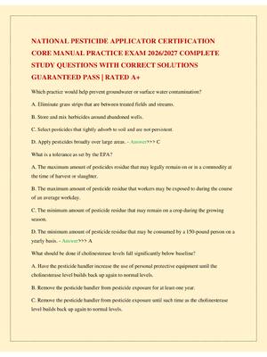 Preview of NATIONAL PESTICIDE APPLICATOR CERTIFICATION CORE MANUAL PRACTICE EXAM 2026/2027 COMPLETE S