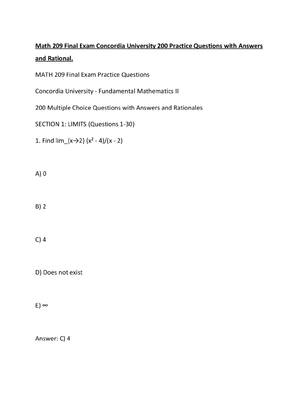 Preview of Math 209 Final Exam Concordia University 200 Practice Questions with Answers and Rational