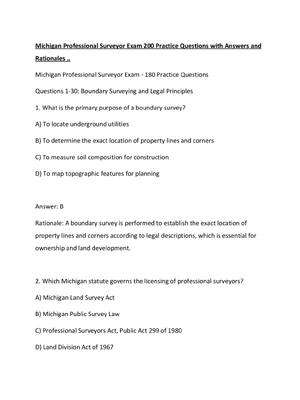 Preview of Michigan Professional Surveyor Exam 200 Practice Questions with Answers and Rationales
