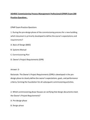 Preview of ASHRAE Commissioning Process Management Professional (CPMP) Exam 200 Practice Questions .