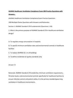 Preview of ASHRAE Healthcare Ventilation Compliance Exam 200 Practice Questions with Answers..