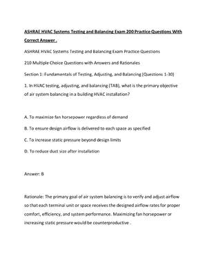 Preview of ASHRAE HVAC Systems Testing and Balancing Exam 200 Practice Questions With Correct Answer