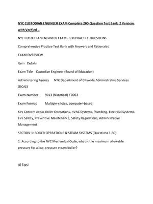 Preview of NYC CUSTODIAN ENGINEER EXAM Complete 200-Question Test Bank  2 Versions with Verified ..