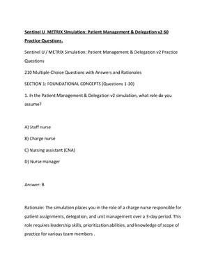 Preview image for Sentinel U  METRIX Simulation Patient Management & Delegation v2 60 Practice Questions.