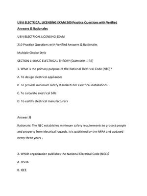 Preview of USVI ELECTRICAL LICENSING EXAM 200 Practice Questions with Verified Answers