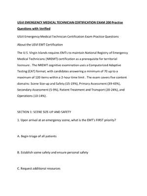 Preview of USVI EMERGENCY MEDICAL TECHNICIAN CERTIFICATION EXAM 200 Practice Questions with Verified
