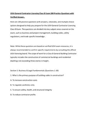 Preview of USVI General Contractor Licensing Class B Exam 200 Practice Questions with Verified Answer