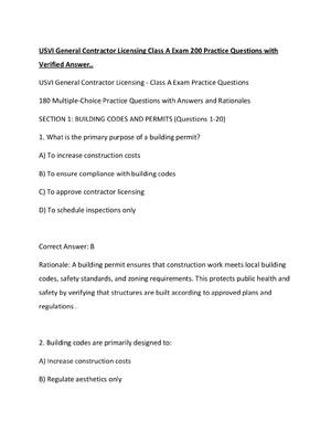 Preview of USVI General Contractor Licensing Class A Exam 200 Practice Questions with Verified Answer