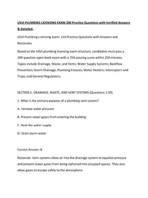 Preview of USVI PLUMBING LICENSING EXAM 200 Practice Questions with Verified Answers