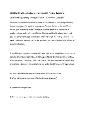 Preview of USVI Plumbing Licensing Journeyman Exam 200 Practice Questions