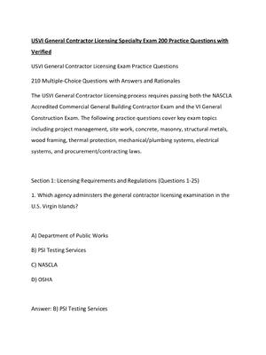 Preview of USVI General Contractor Licensing Specialty Exam 200 Practice Questions with Verified