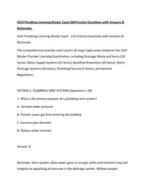 Preview of USVI Plumbing Licensing Master Exam 200 Practice Questions with Answers.....