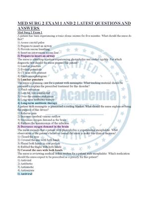 Preview of MED SURG 2 EXAM 1 AND 2 LATEST QUESTIONS AND  ANSWERS