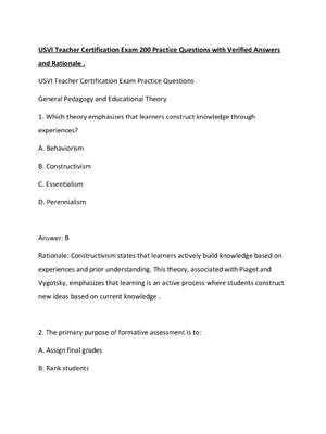 Preview of USVI Teacher Certification Exam 200 Practice Questions with Verified Answers and Rationale