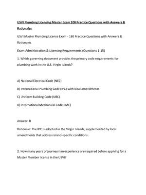 Preview of USVI Plumbing Licensing Master Exam 200 Practice Questions with Answers
