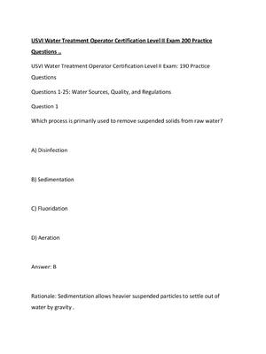 Preview of USVI Water Treatment Operator Certification Level II Exam 200 Practice Questions.,