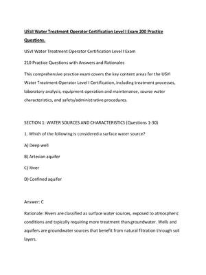 Preview of USVI Water Treatment Operator Certification Level I Exam 200 Practice Questions