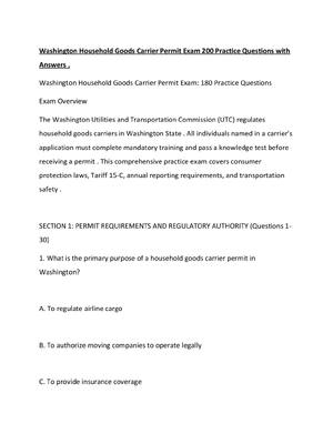 Preview of Washington Household Goods Carrier Permit Exam 200 Practice Questions with Answers.....
